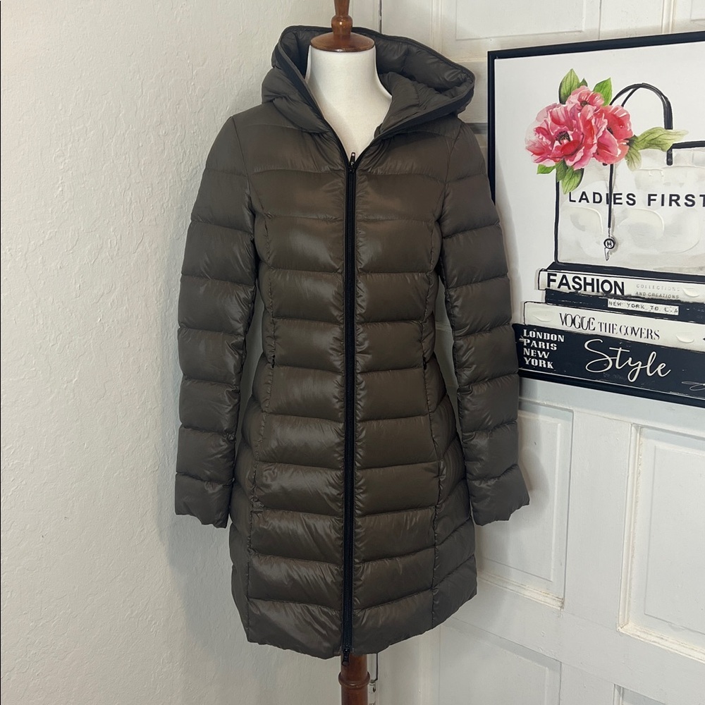 Soia & Kyo S & K Long Hooded Puffer Jacket in Olive Green Nylon Size XS
